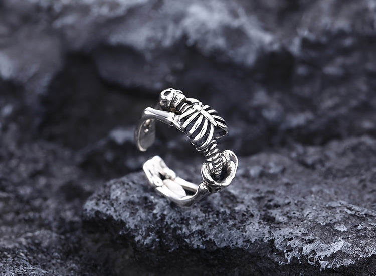 Adjustable Skull Ring, Open Band Design, Punk Biker Cocktail Gothic Fashion Jewelry, Skeleton Frame, Unisex Accessory