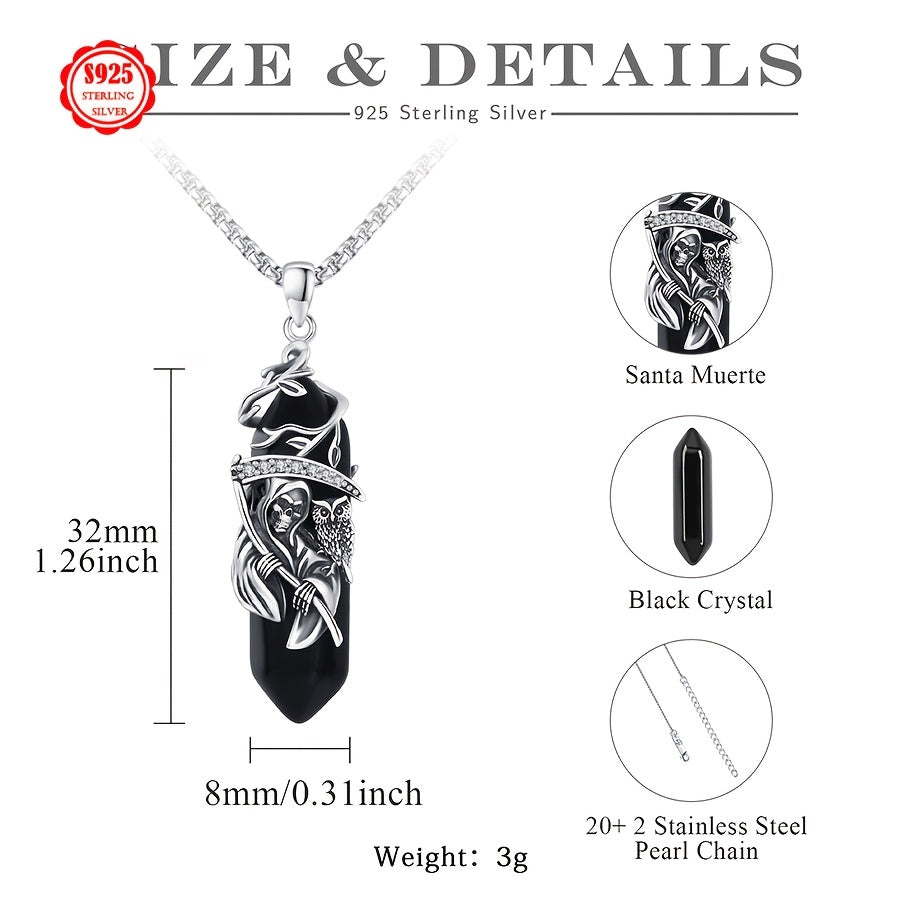 Santa Muerte Necklace for Men Sterling Silvery Owl Skull Grim Reaper Pendant Heart Artificial Crystal Oxidation Skull Holy Death Scythe Aumelt Charm Necklace Jewelry Gifts for Father Halloween Christmas