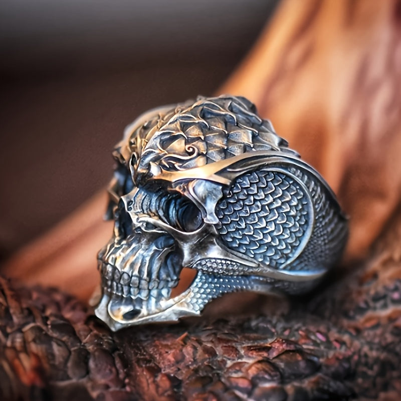 Stylish Men's Alloy Ring with Dragon Scale & Half Skull Design - Fashionable Single Piece