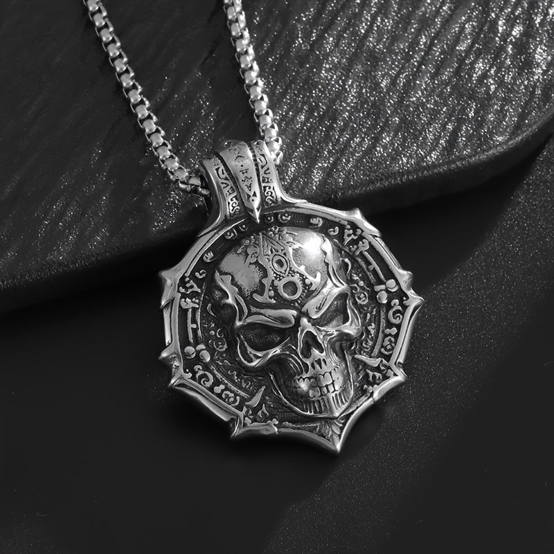 Funky Gothic Skull Pendant Necklace - 316L Stainless Steel, Plated White K, Non-Magnetic No Mosaic Jewelry for Men
