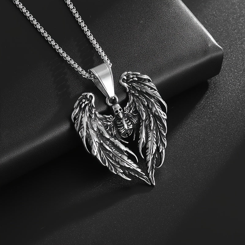 316L Stainless Steel Hell Death Angel Skull Wing Pendant For Men, Punk Personality Knight Jewelry Necklace