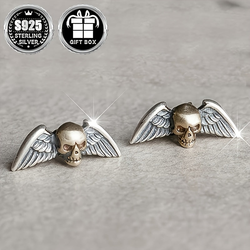 2pc925 Pure Silvery, Silvery Weight About 1g, Skull Wings Earrings, Retro Gothic Punk Style Halloween Party Earrings, Exquisite Holiday Gift