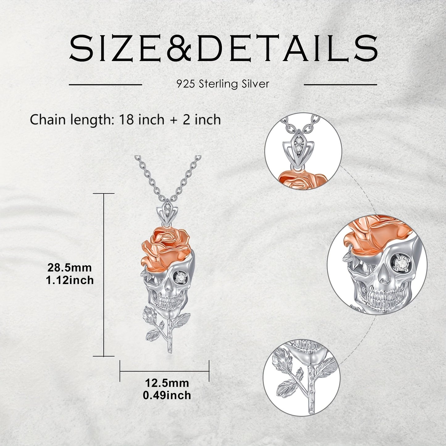 Skull Rose Necklace Pure Silvery Pendant Necklace Jewelry Gift for Wife Girlfriend