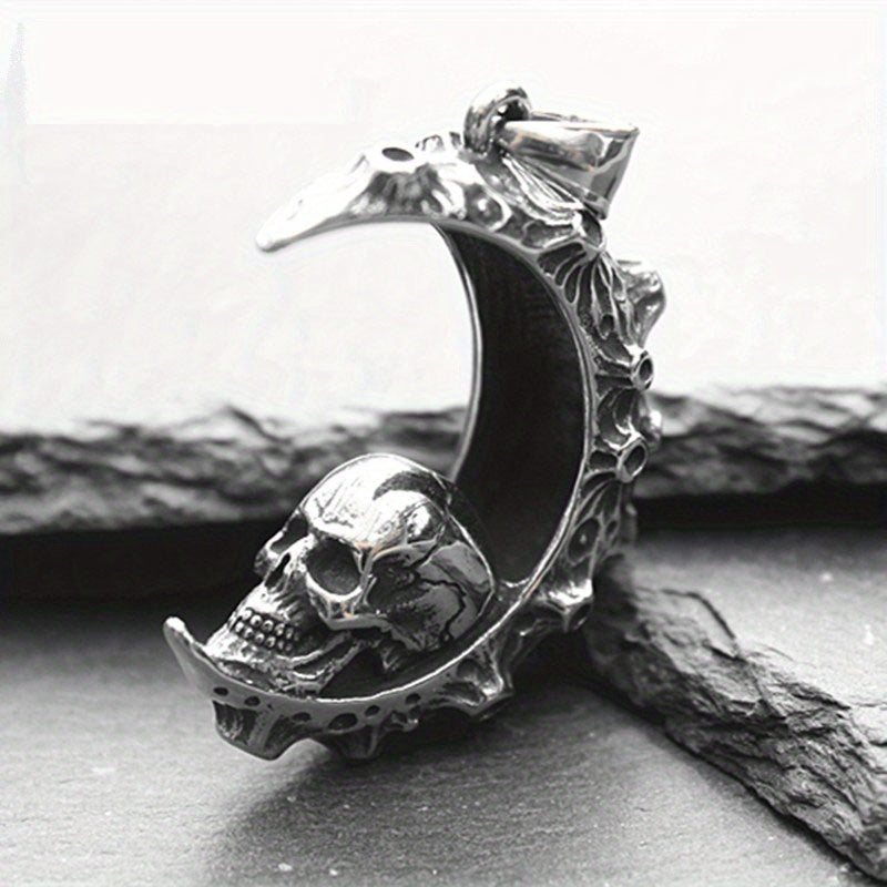 1pc Men's Dark Moon Tooth Skull Necklace, Men's Trendy Punk Titanium Steel Motorcycle Hip Hop Pendant Men's Sweater Chain