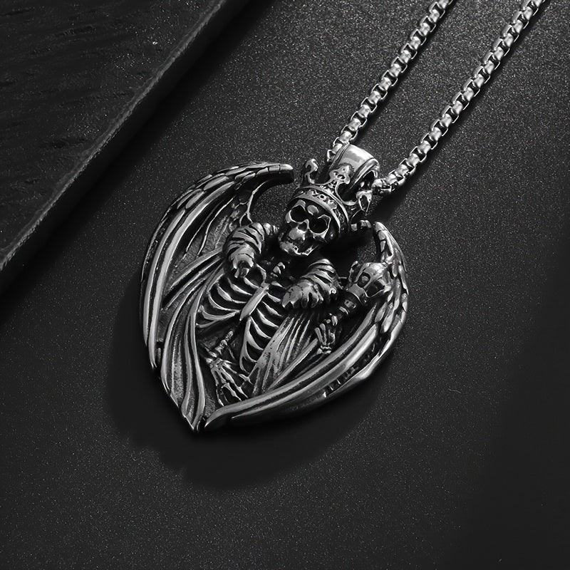 Men's Hip Hop Punk Crown Skull Pendant - 316L Stainless Steel, Antique Silvery Finish