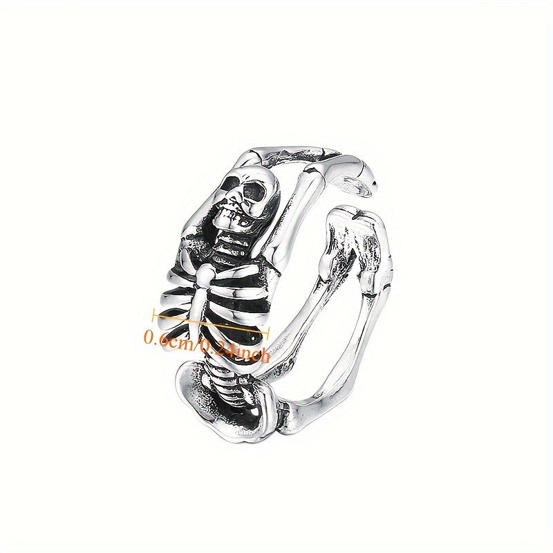 Adjustable Skull Ring, Open Band Design, Punk Biker Cocktail Gothic Fashion Jewelry, Skeleton Frame, Unisex Accessory