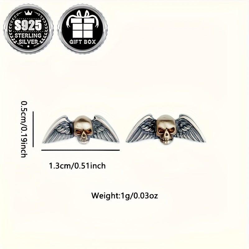 2pc925 Pure Silvery, Silvery Weight About 1g, Skull Wings Earrings, Retro Gothic Punk Style Halloween Party Earrings, Exquisite Holiday Gift