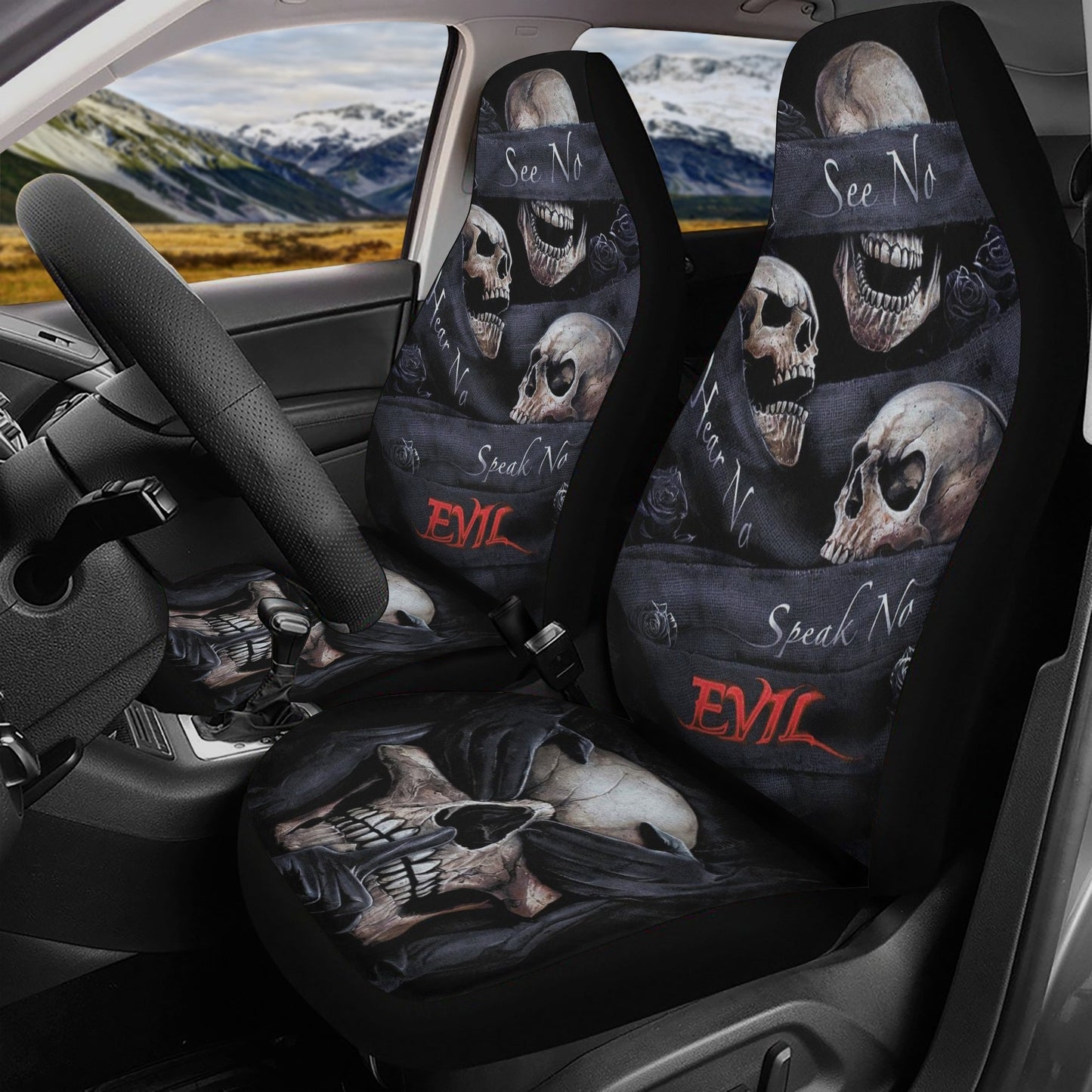 No see no hear no speak evils skull car seat cover car mat, gothic skull car seat cover mats, Halloween evils skull car protector cover mat