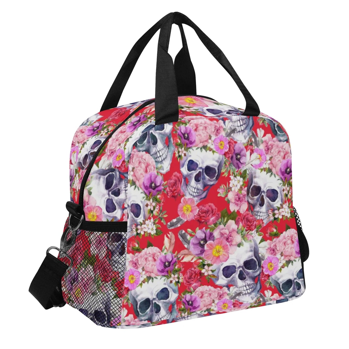 Floral skull lunch bag, day of the dead lunch bag, rose skull lunch box, skeleton lunch tote, day of the dead lunch tote, skull lunch bag