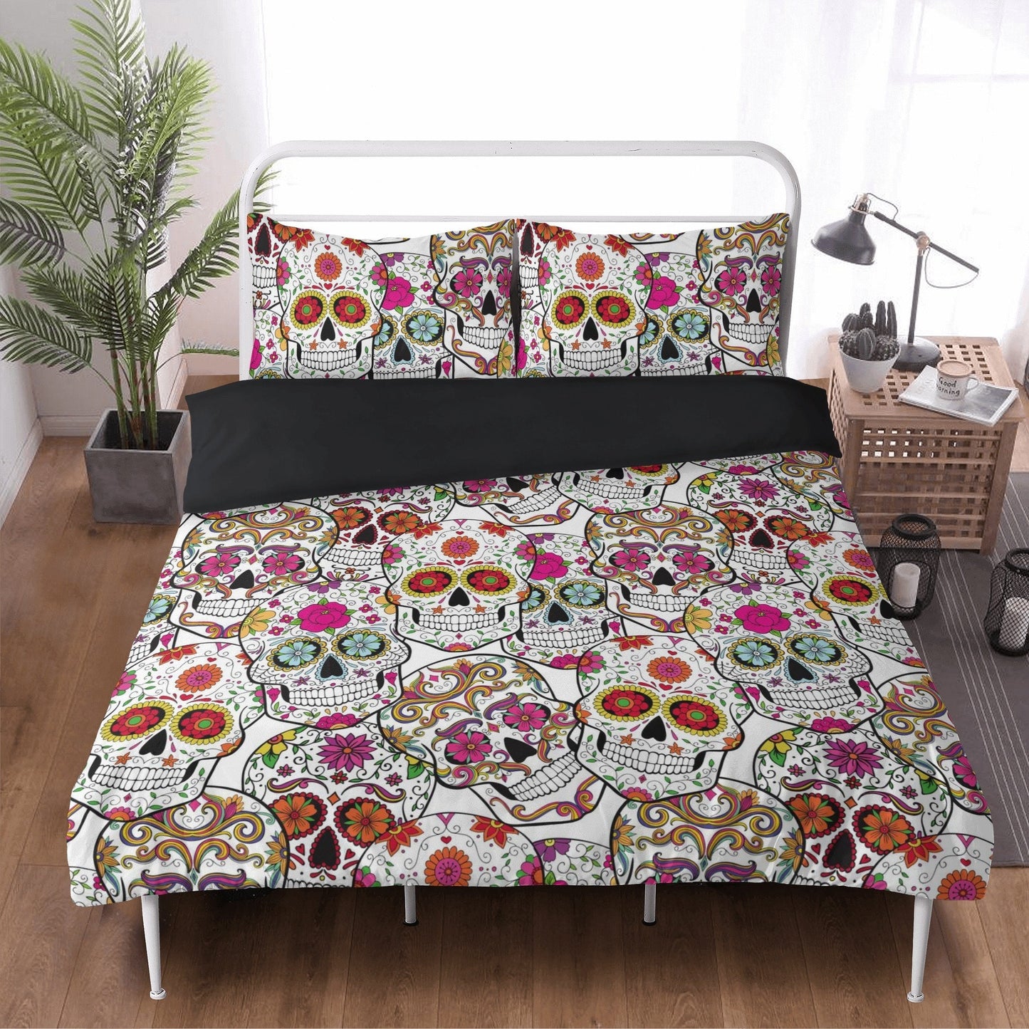 4pcs candy skull bedding set, skull duvet cover set, dia de los muertos skull bedding set, Halloween floral skull duvet cover pillow covers