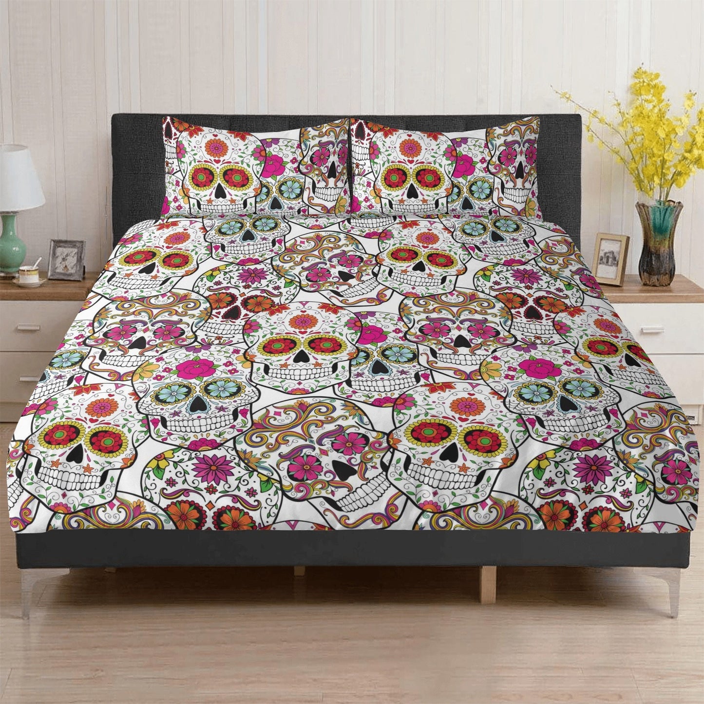 4pcs candy skull bedding set, skull duvet cover set, dia de los muertos skull bedding set, Halloween floral skull duvet cover pillow covers