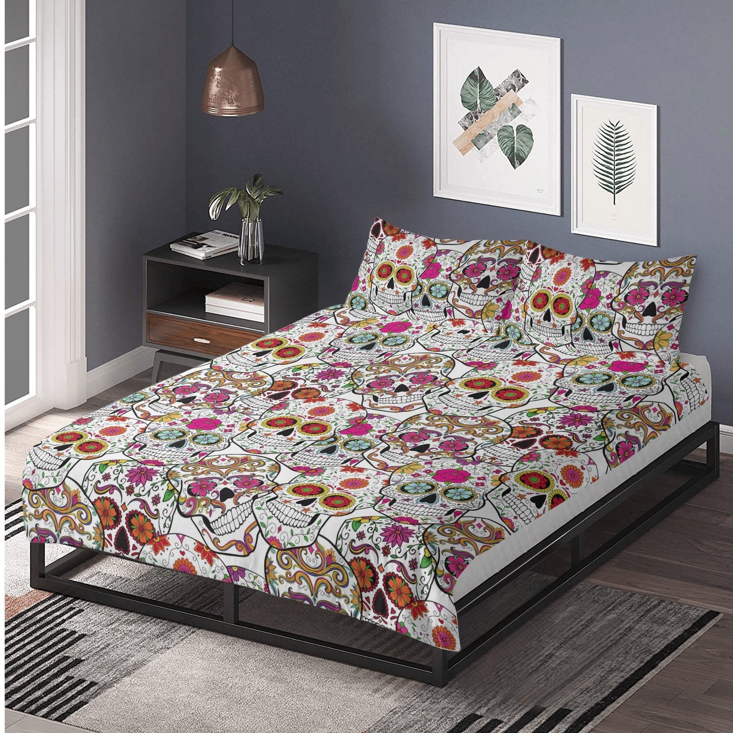 4pcs candy skull bedding set, skull duvet cover set, dia de los muertos skull bedding set, Halloween floral skull duvet cover pillow covers