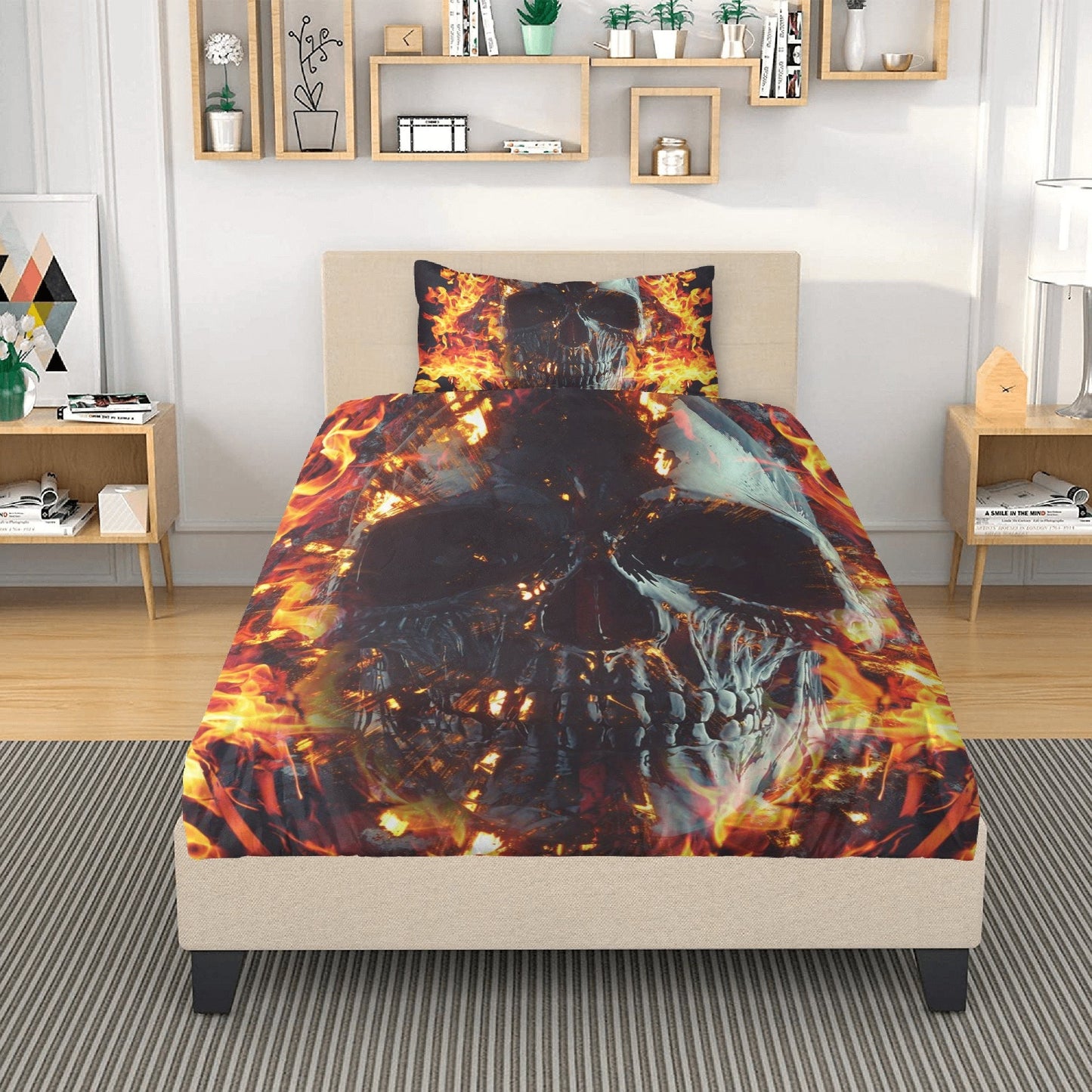 4pcs Flaming skull bedding set, Fire skull skeleton duvet cover set, Halloween skull bedding set Grim reaper skull duvet cover pillow covers