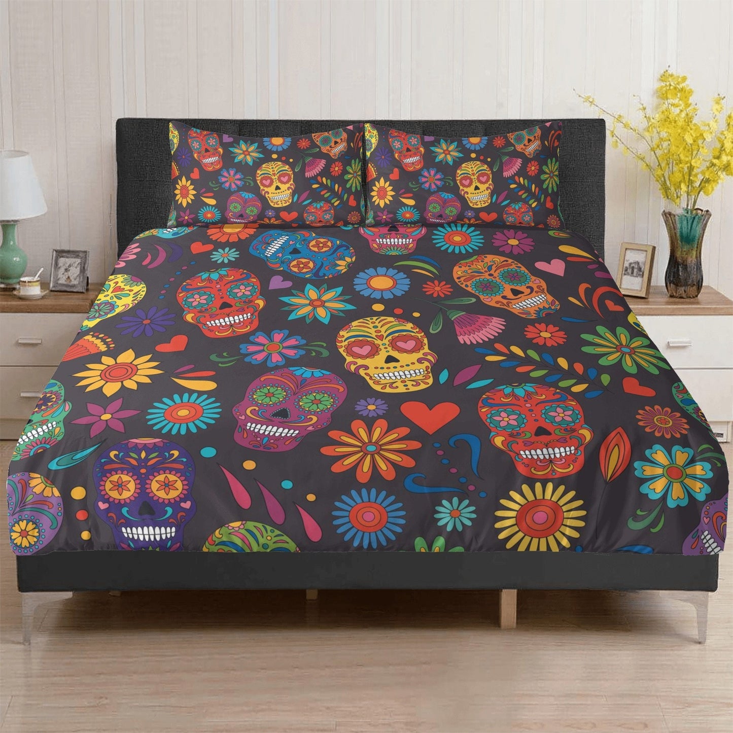 4pcs sugar skull bedding set, candy skull duvet cover set, day of the dead skull bedding set Halloween gothic skull duvet cover pillow cover