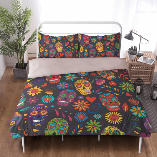 4pcs sugar skull bedding set, candy skull duvet cover set, day of the dead skull bedding set Halloween gothic skull duvet cover pillow cover
