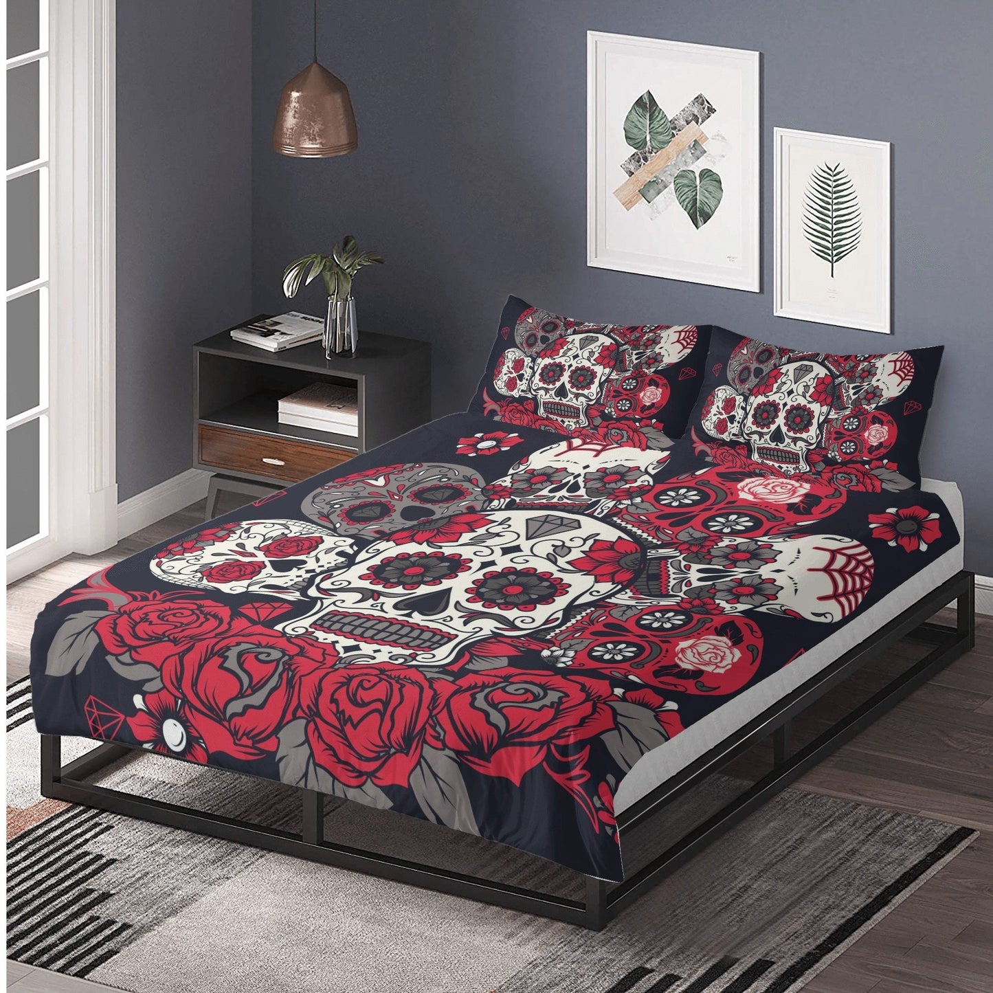 4pcs Floral sugar skull bedding duvet cover set, day of the dead skull candy skull bedding set, sugar skull duvet cover set pillow covers