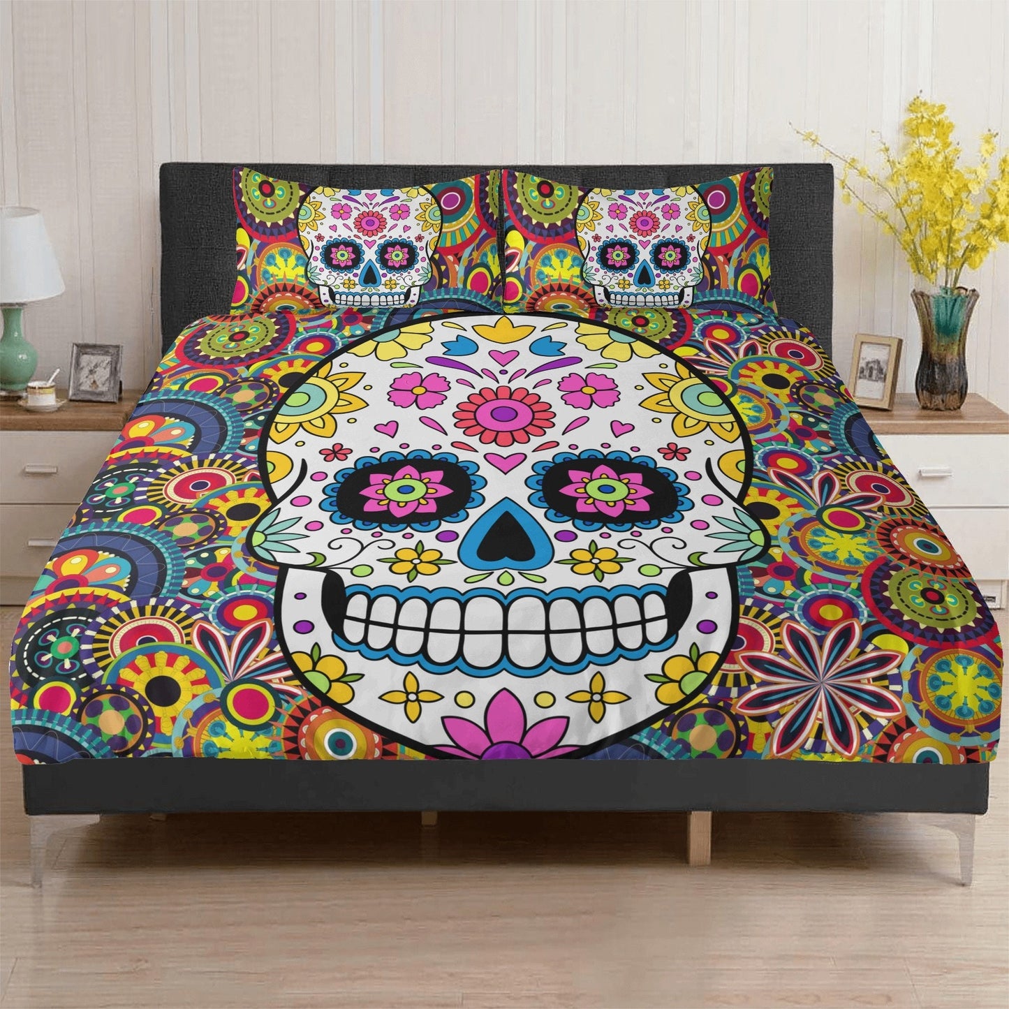 4pcs Floral sugar skull bedding duvet cover set, day of the dead skull candy skull bedding set, sugar skull duvet cover set pillow covers