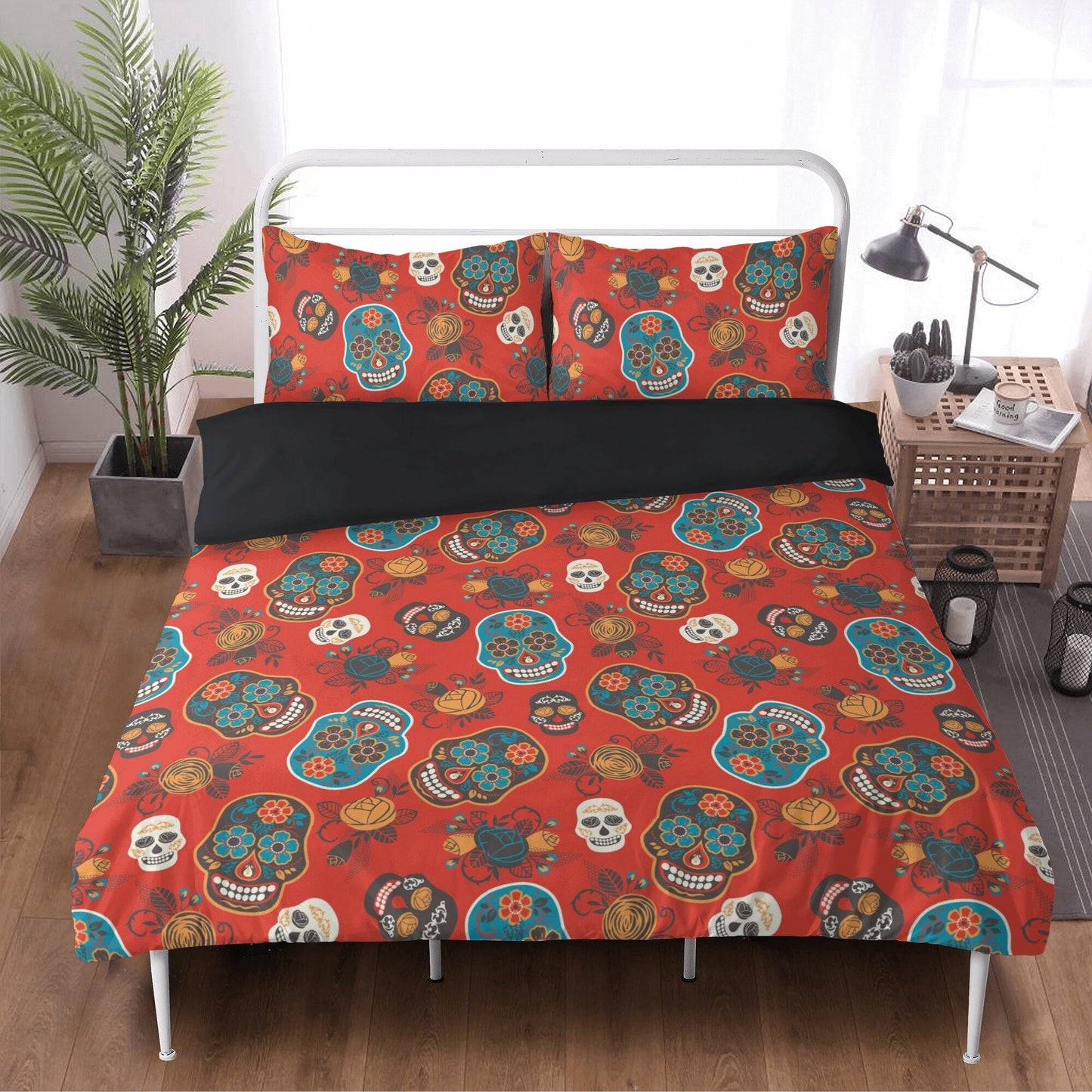 4pcs Floral sugar skull bedding duvet cover set, day of the dead skull candy skull bedding set, sugar skull duvet cover set pillow covers