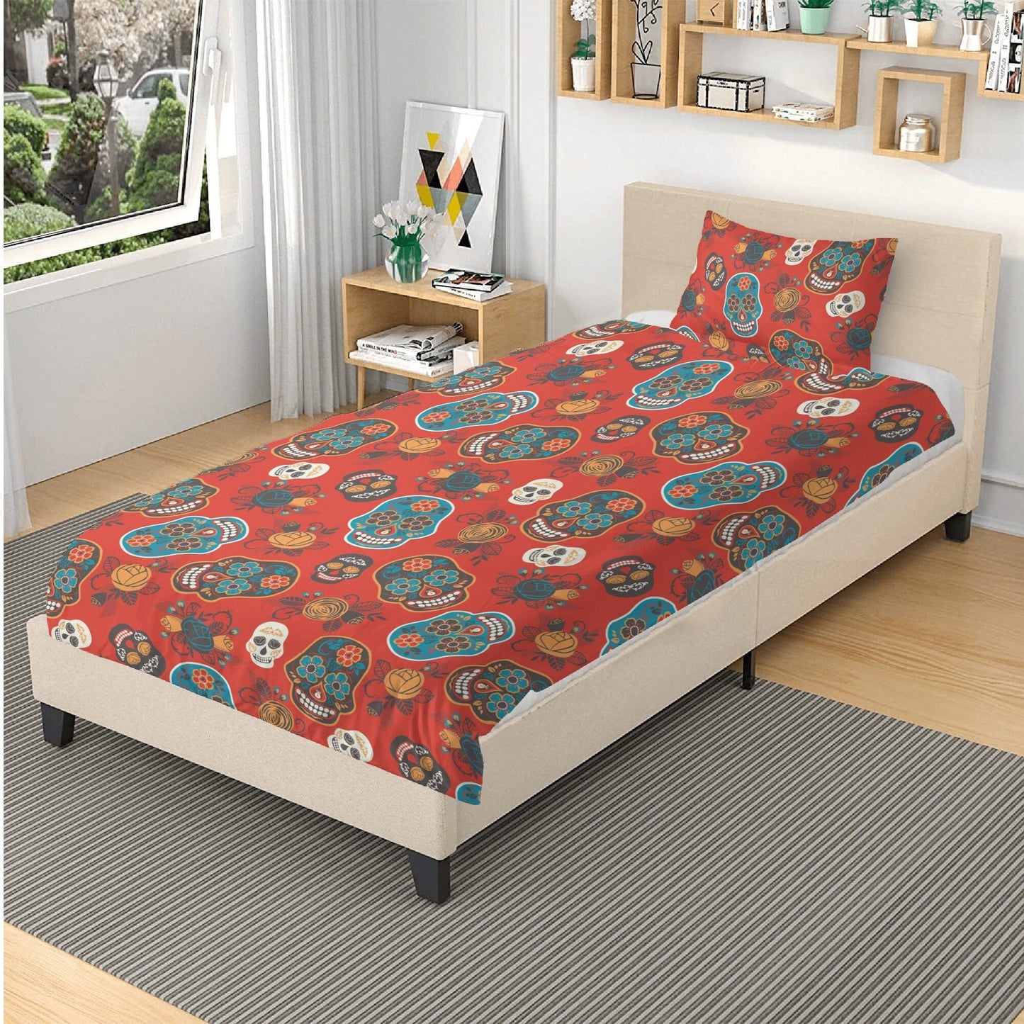 4pcs Floral sugar skull bedding duvet cover set, day of the dead skull candy skull bedding set, sugar skull duvet cover set pillow covers