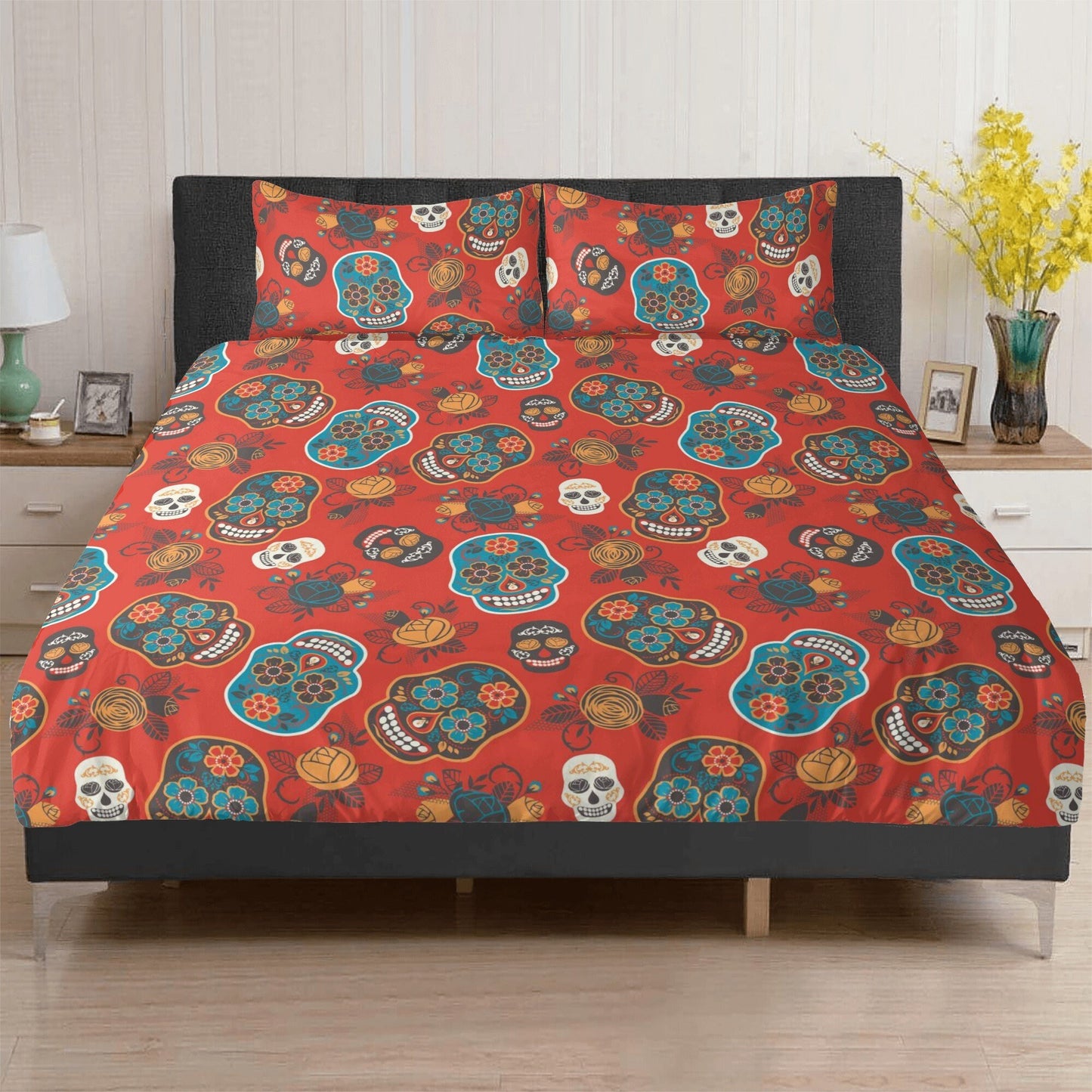 4pcs Floral sugar skull bedding duvet cover set, day of the dead skull candy skull bedding set, sugar skull duvet cover set pillow covers