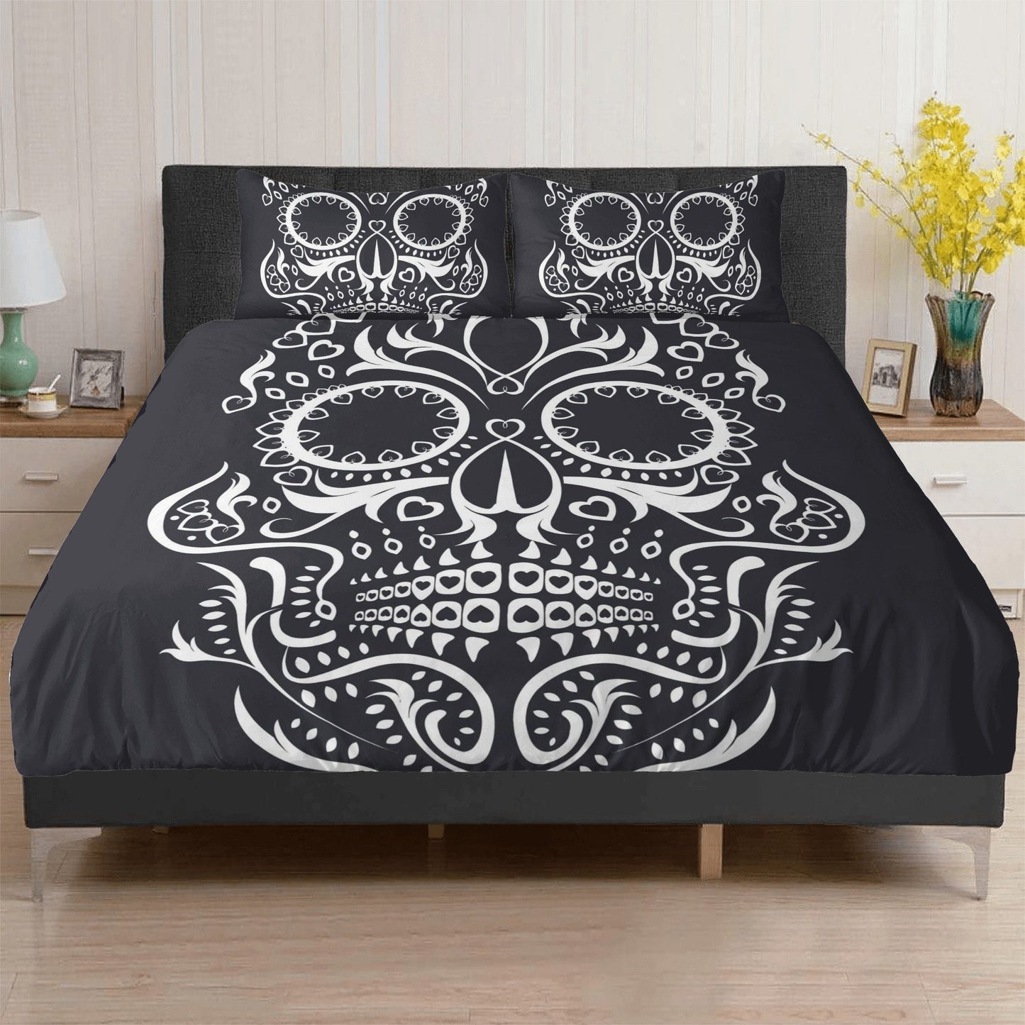 4pcs Floral sugar skull bedding duvet cover set, day of the dead skull candy skull bedding set, sugar skull duvet cover set pillow covers