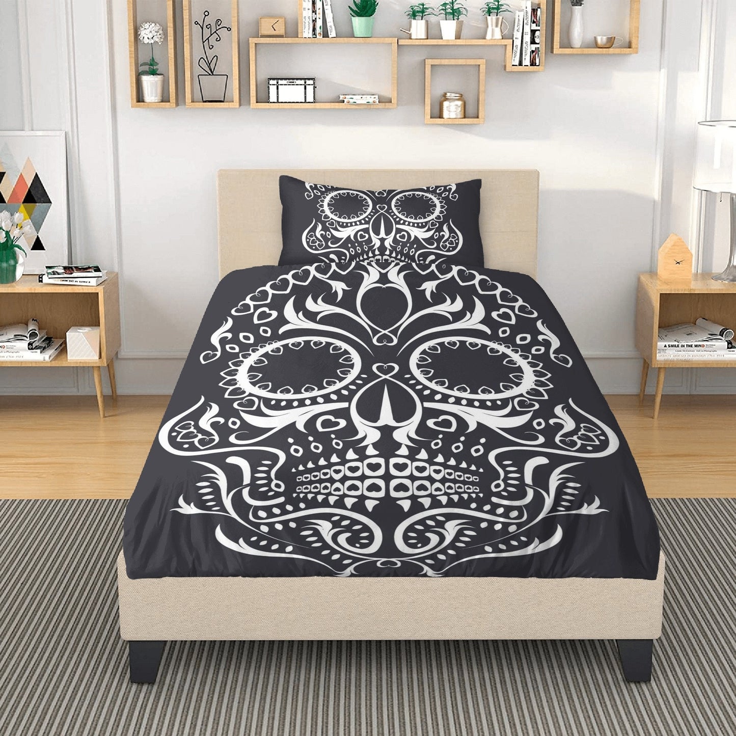 4pcs Floral sugar skull bedding duvet cover set, day of the dead skull candy skull bedding set, sugar skull duvet cover set pillow covers