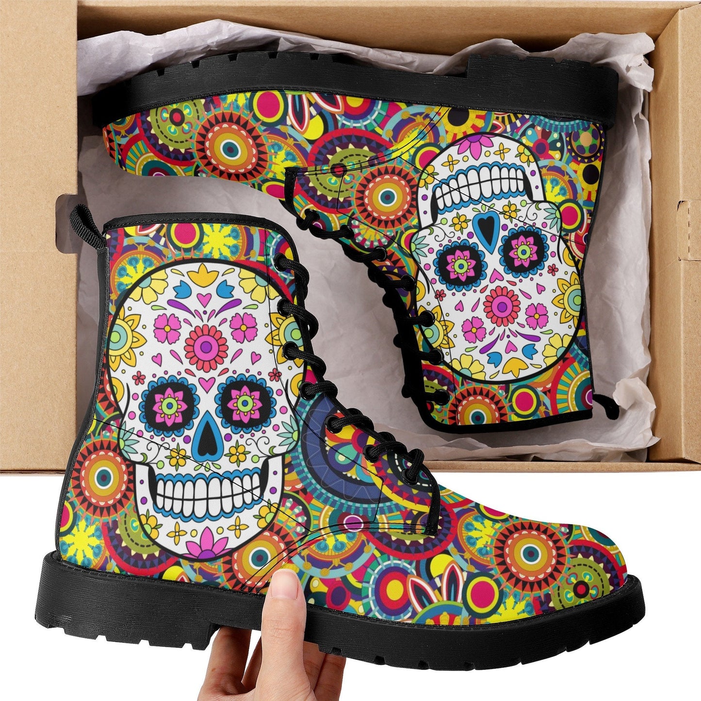 Day of the dead leather boots, sugar skull boots for men women sugar skull women's boots, candy skull women's boots, Calaveras leather boots