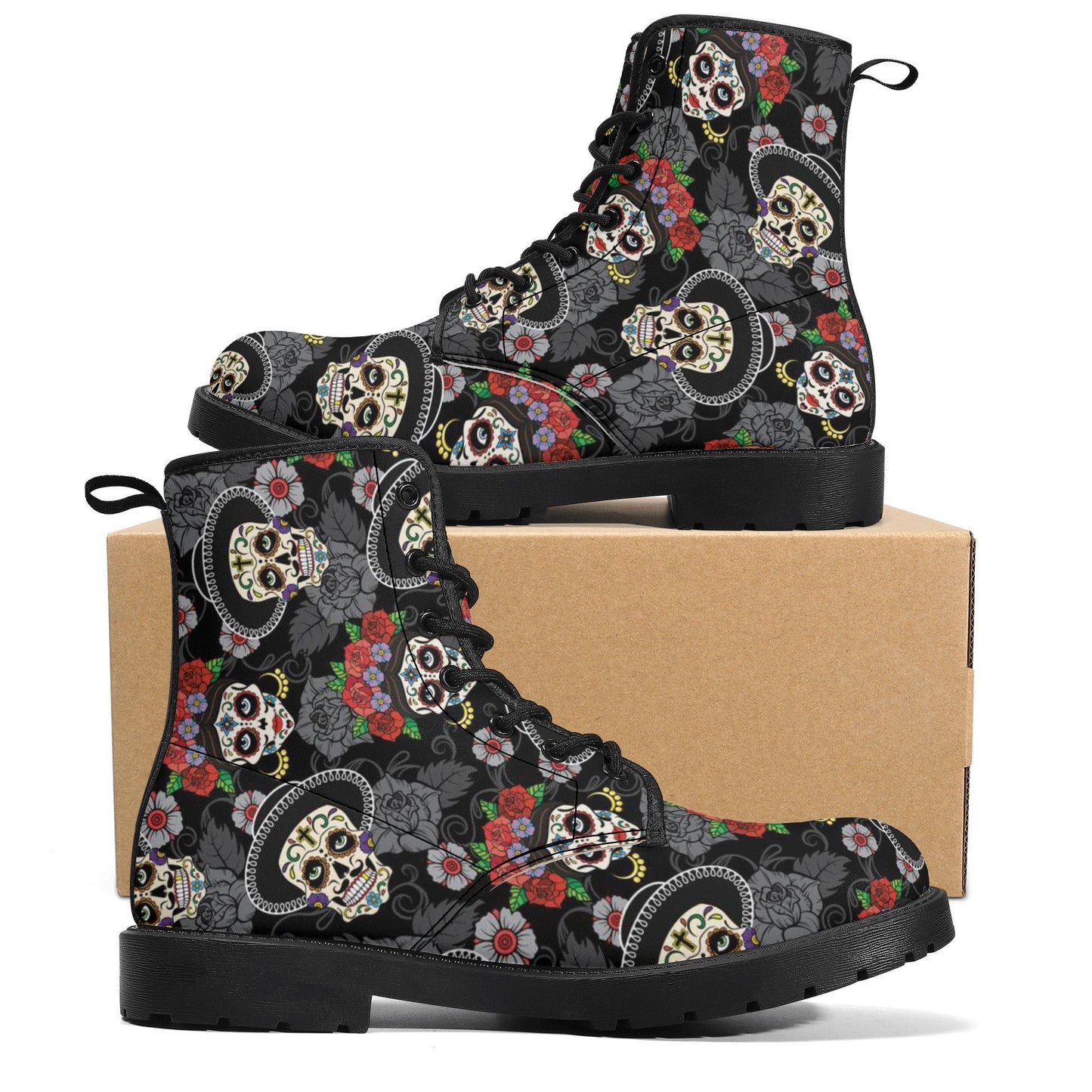 Day of the dead skull leather boots, sugar skull boots for men women skull women's boots candy skull combat boots Mexico gothic skull boots