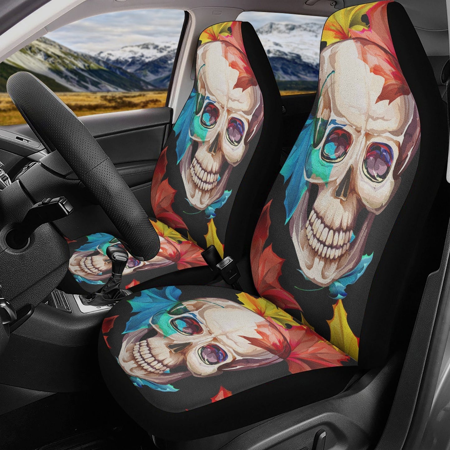 Beautiful skull car seat cover, skull rug mat for car Halloween skeleton car seat cover floral gothic skull car seat cover car mat protector