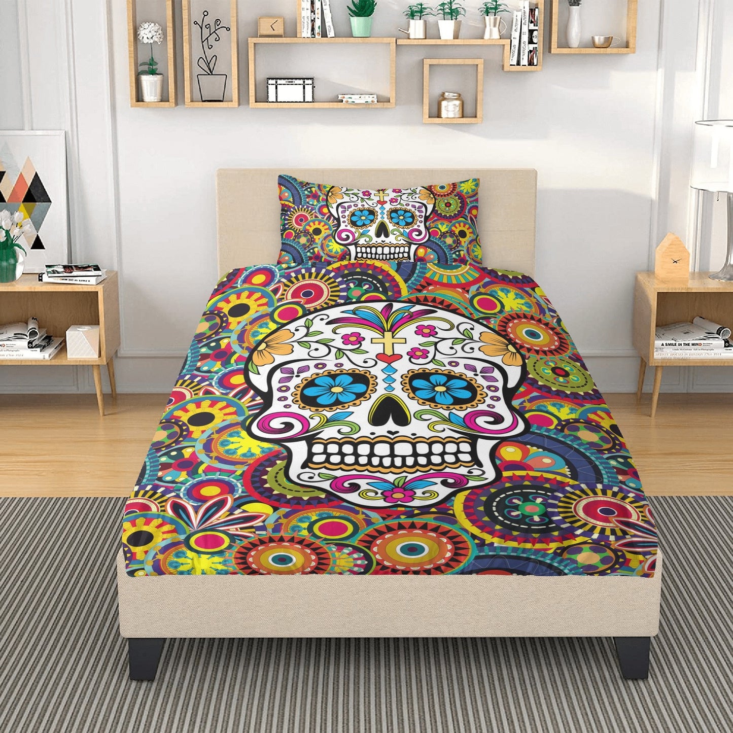 4pcs Sugar skull skeleton pattern bedding duvet cover, day of the dead bedding set, dia de los muertos candy skull duvet cover pillow covers