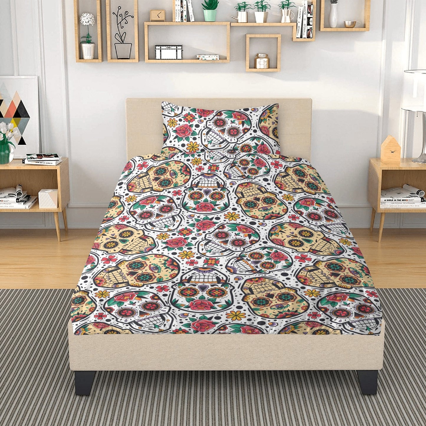 4pcs Candy skull pattern bedding duvet cover, day of the dead skull bedding set, dia de los muertos sugar skull duvet cover pillow covers