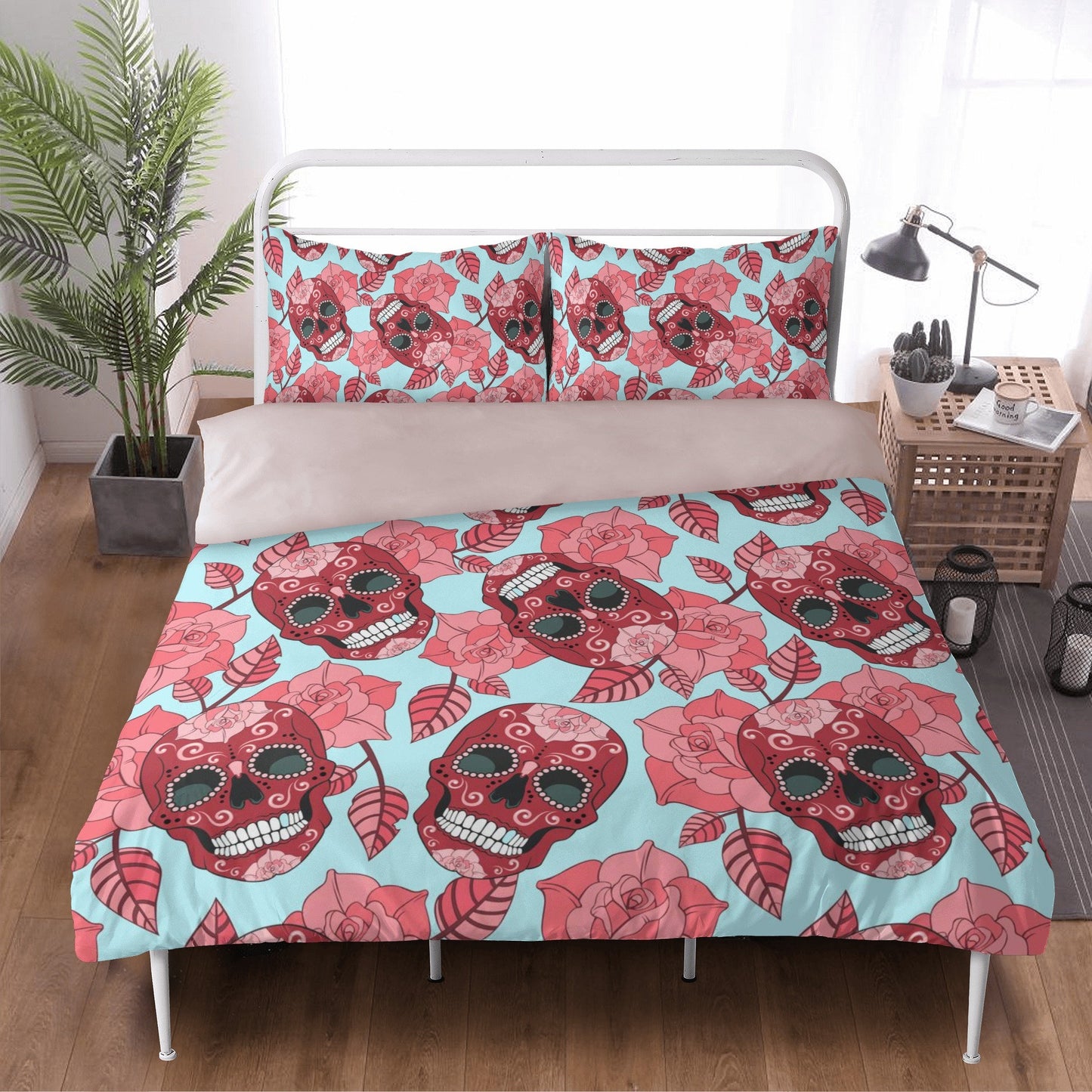 4pcs candy skull bedding set, skull duvet cover set, dia de los muertos skull bedding set, Mexican floral skull duvet cover pillow covers