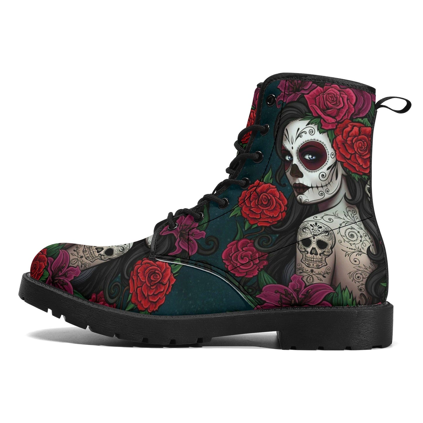 Calaveras mexican skull girl leather boots, sugar skull boots for men women, Dia de los muertos skull boots for women men, skull girl boots