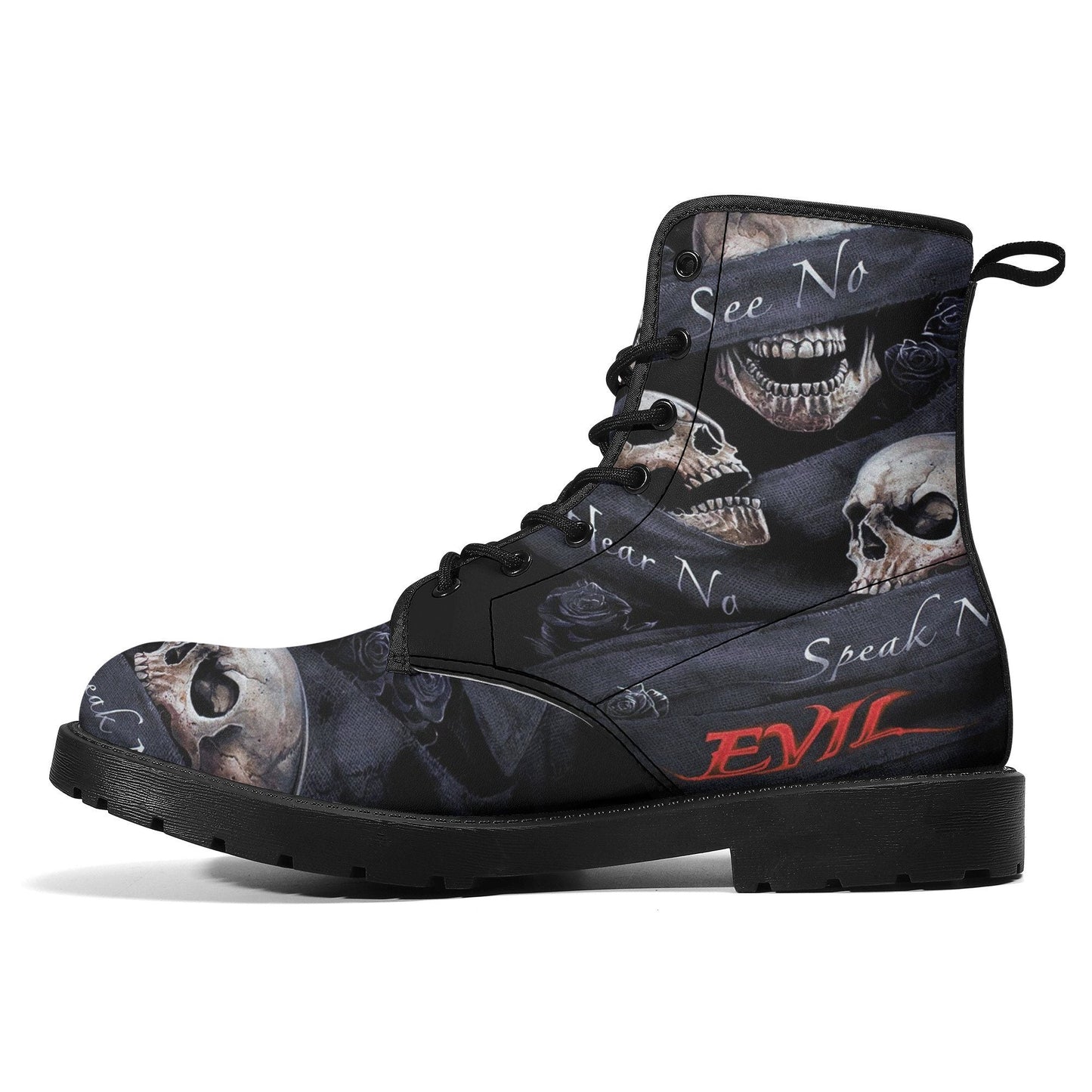 No see no hear no speak skull leather boots, Gothic skull boots for men women, skeleton boots for men gothic skulls leather boots for women