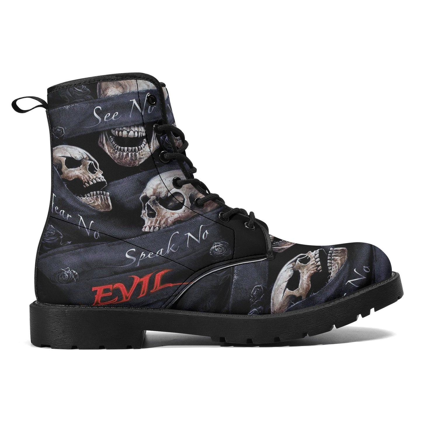 No see no hear no speak skull leather boots, Gothic skull boots for men women, skeleton boots for men gothic skulls leather boots for women