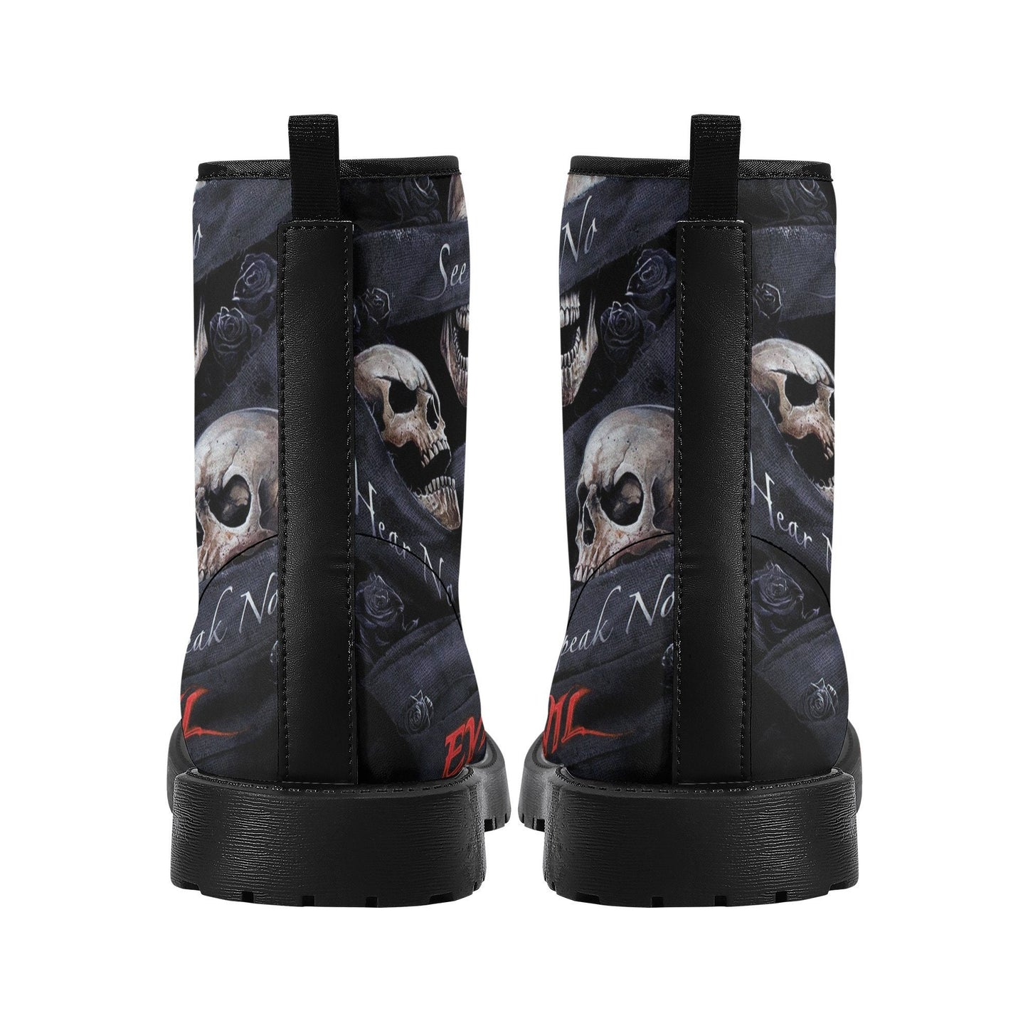 No see no hear no speak skull leather boots, Gothic skull boots for men women, skeleton boots for men gothic skulls leather boots for women