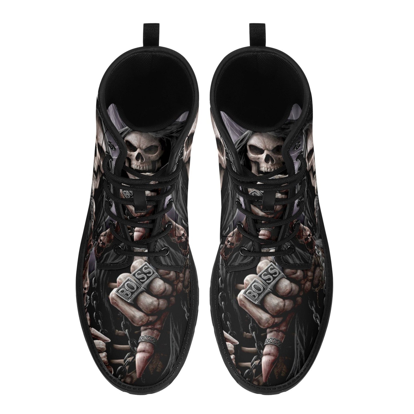 Grim reaper BOSS skull boots for men women, Gothic punisher skull women boots skeleton boots, Halloween punisher skulls leather boots shoes