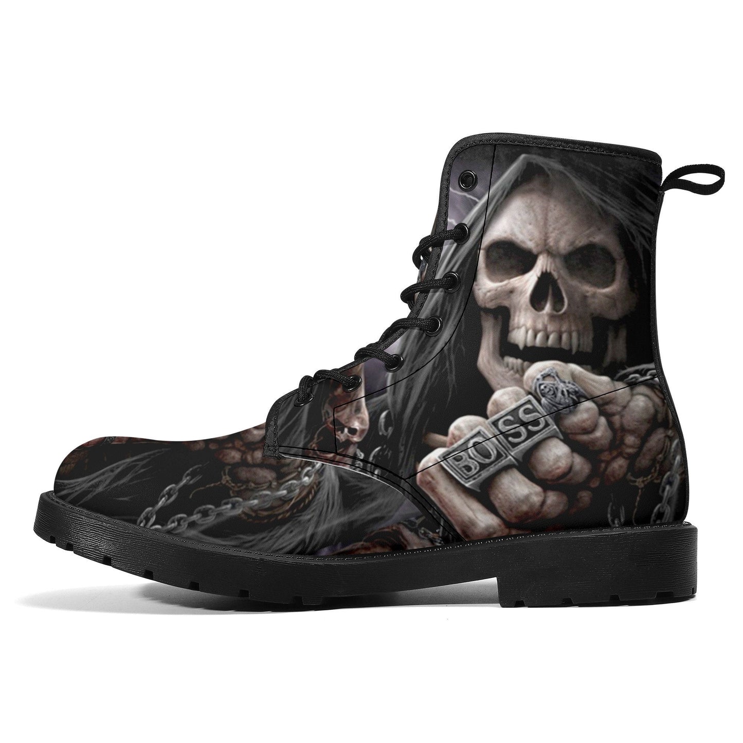 Grim reaper BOSS skull boots for men women, Gothic punisher skull women boots skeleton boots, Halloween punisher skulls leather boots shoes