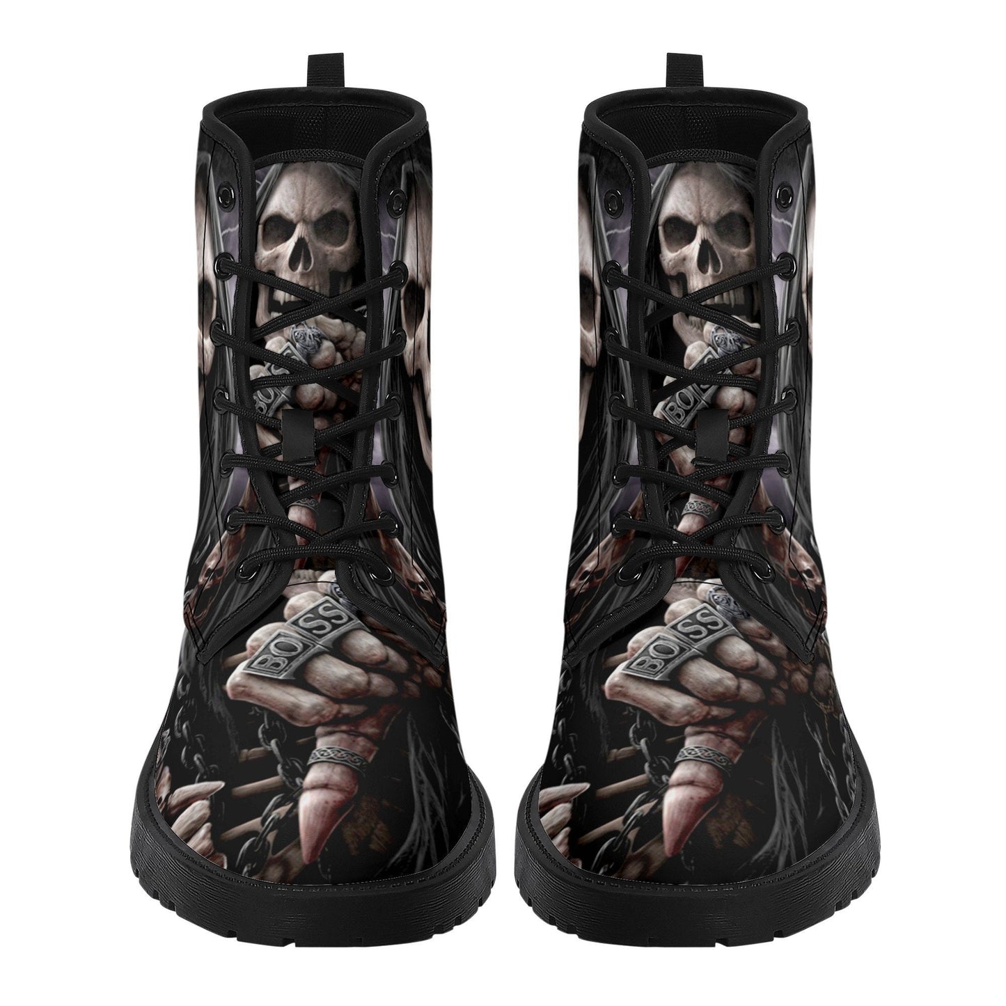 Grim reaper BOSS skull boots for men women, Gothic punisher skull women boots skeleton boots, Halloween punisher skulls leather boots shoes