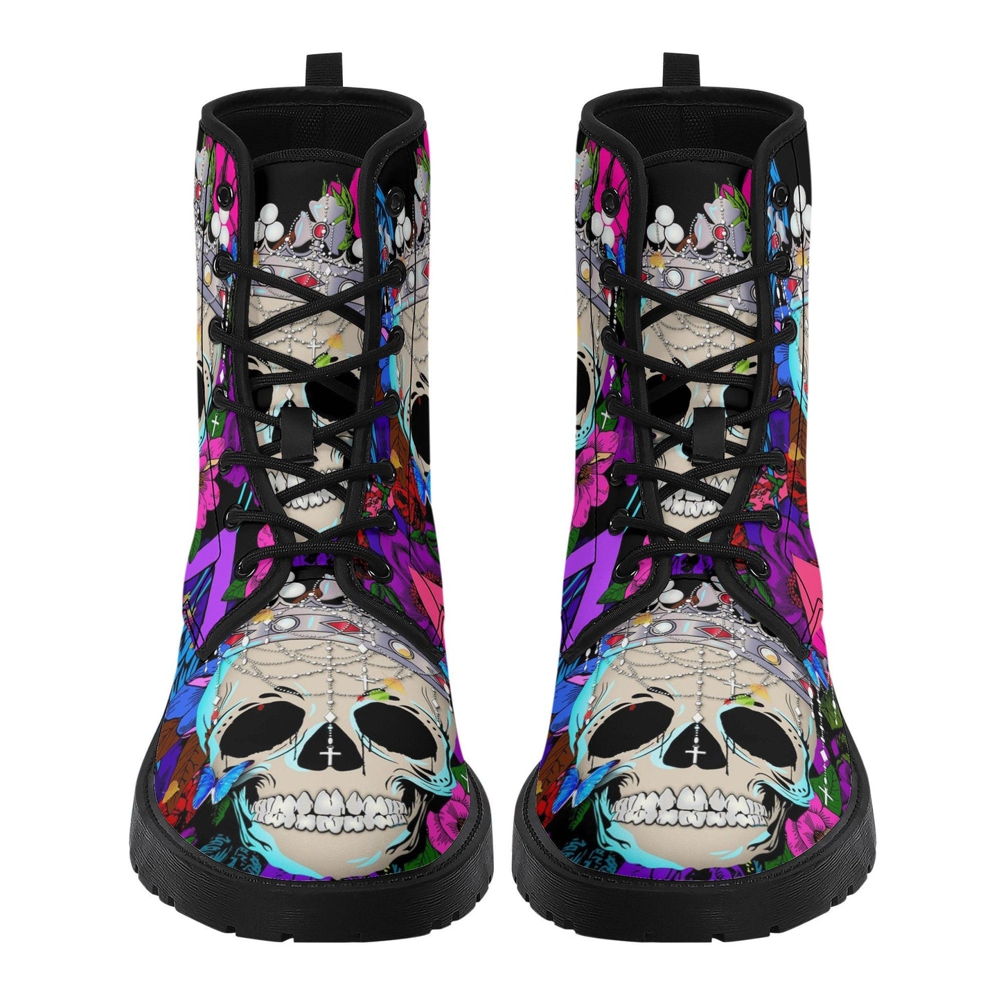 Floral King Queen skull boots for men women, Roes punisher skull women boots skeleton boots, Death Halloween leather boots shoes sneakers