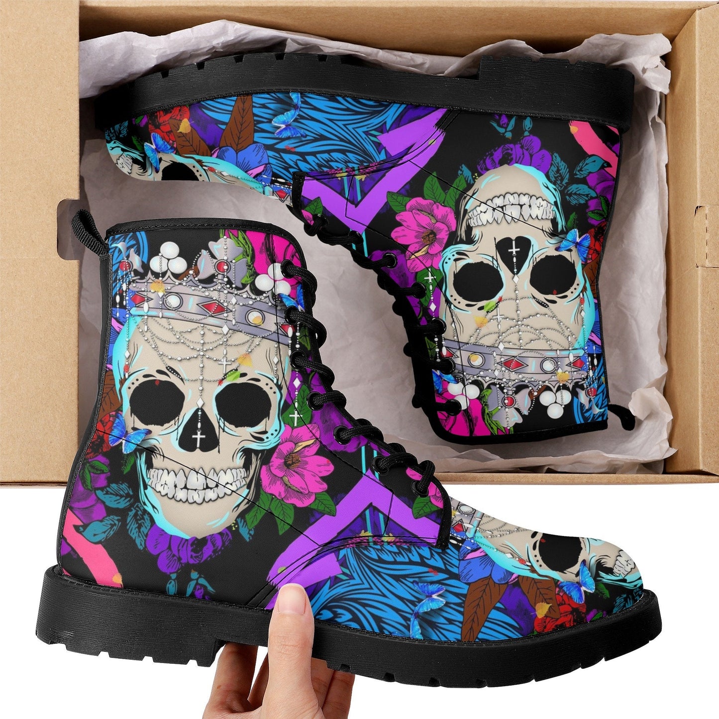 Floral King Queen skull boots for men women, Roes punisher skull women boots skeleton boots, Death Halloween leather boots shoes sneakers