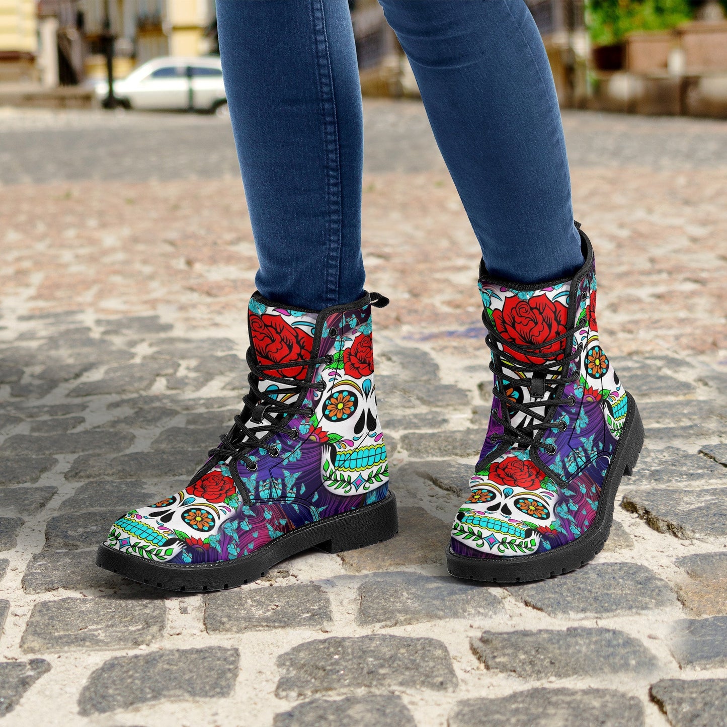 Dia de los muertos skull leather boots, Candy skull boots, Mexico butterfly sugar skull boots for women, skull men boots gothic women boots