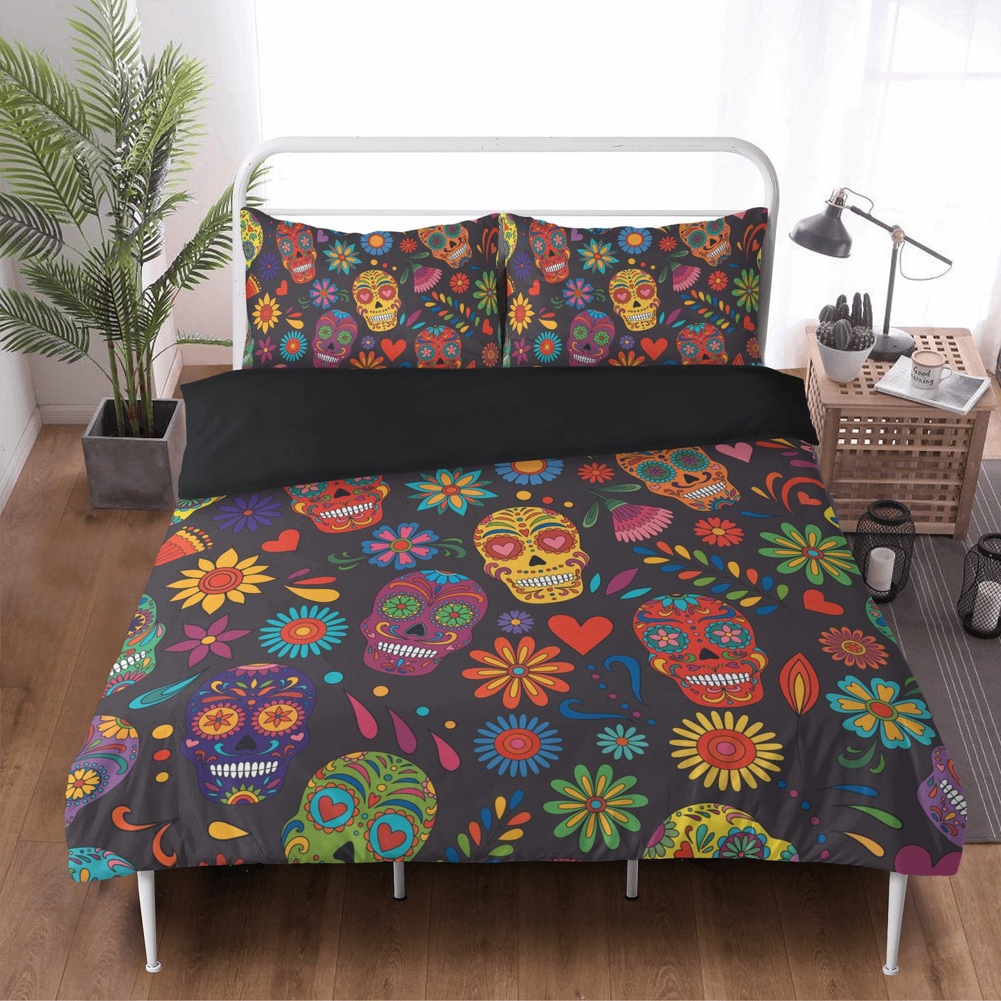 4pcs sugar skull bedding set, candy skull duvet cover set, day of the dead skull bedding set Halloween gothic skull duvet cover pillow cover