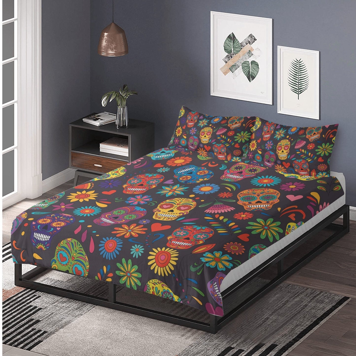 4pcs sugar skull bedding set, candy skull duvet cover set, day of the dead skull bedding set Halloween gothic skull duvet cover pillow cover