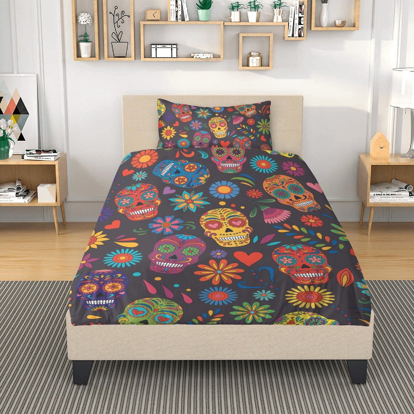 4pcs sugar skull bedding set, candy skull duvet cover set, day of the dead skull bedding set Halloween gothic skull duvet cover pillow cover