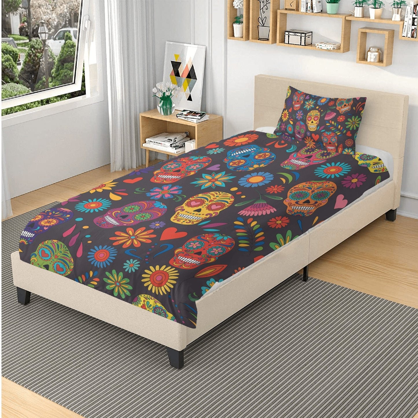 4pcs sugar skull bedding set, candy skull duvet cover set, day of the dead skull bedding set Halloween gothic skull duvet cover pillow cover