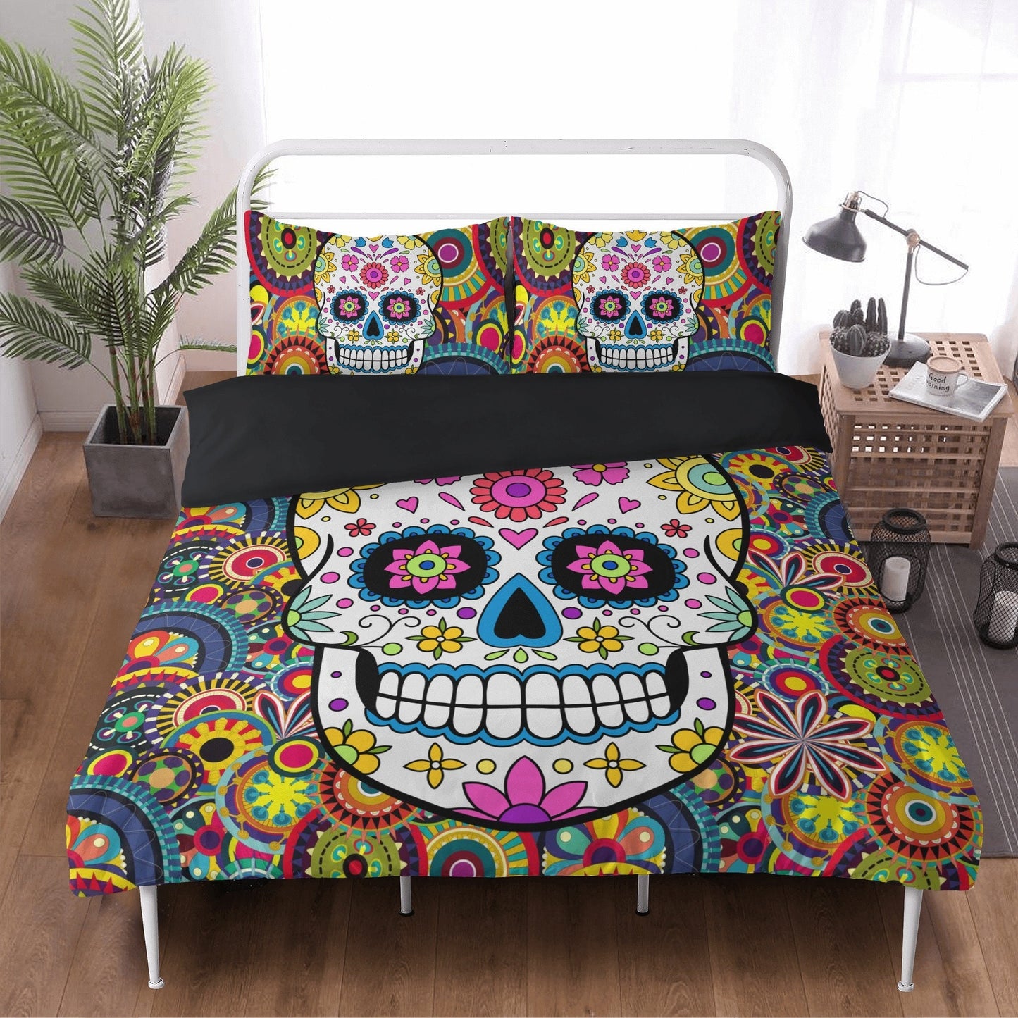 4pcs Floral sugar skull bedding duvet cover set, day of the dead skull candy skull bedding set, sugar skull duvet cover set pillow covers