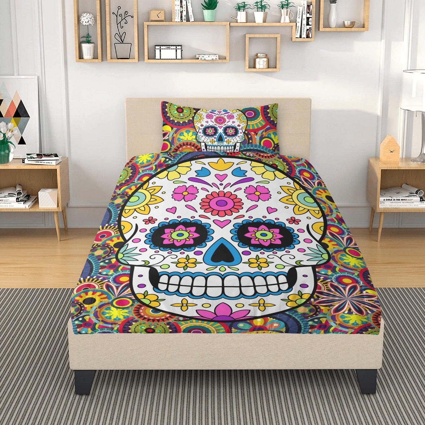 4pcs Floral sugar skull bedding duvet cover set, day of the dead skull candy skull bedding set, sugar skull duvet cover set pillow covers