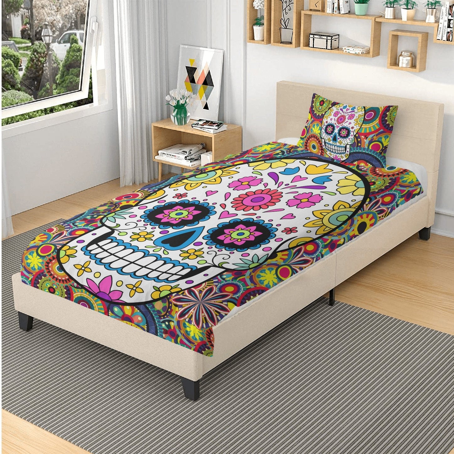 4pcs Floral sugar skull bedding duvet cover set, day of the dead skull candy skull bedding set, sugar skull duvet cover set pillow covers