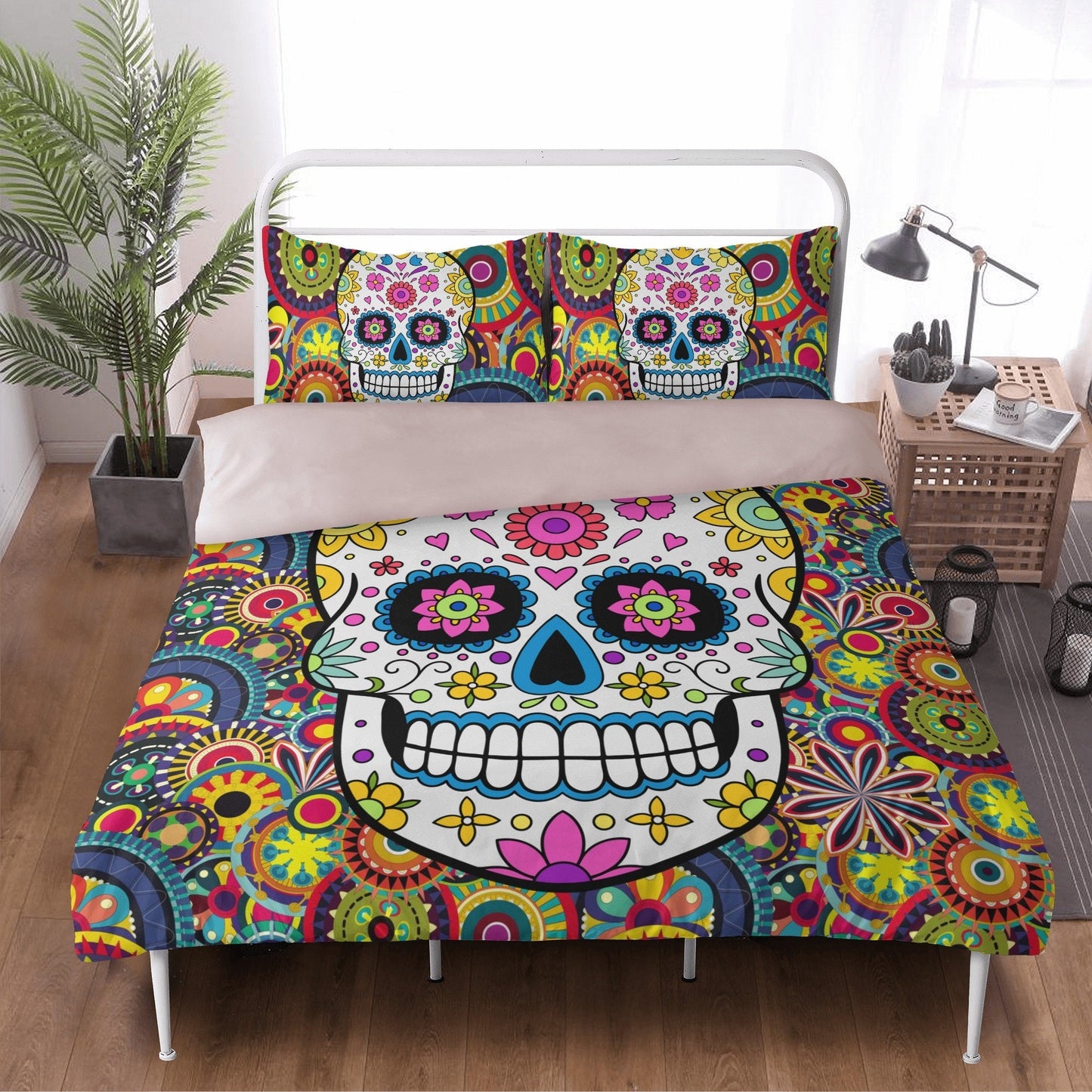 4pcs Floral sugar skull bedding duvet cover set, day of the dead skull candy skull bedding set, sugar skull duvet cover set pillow covers